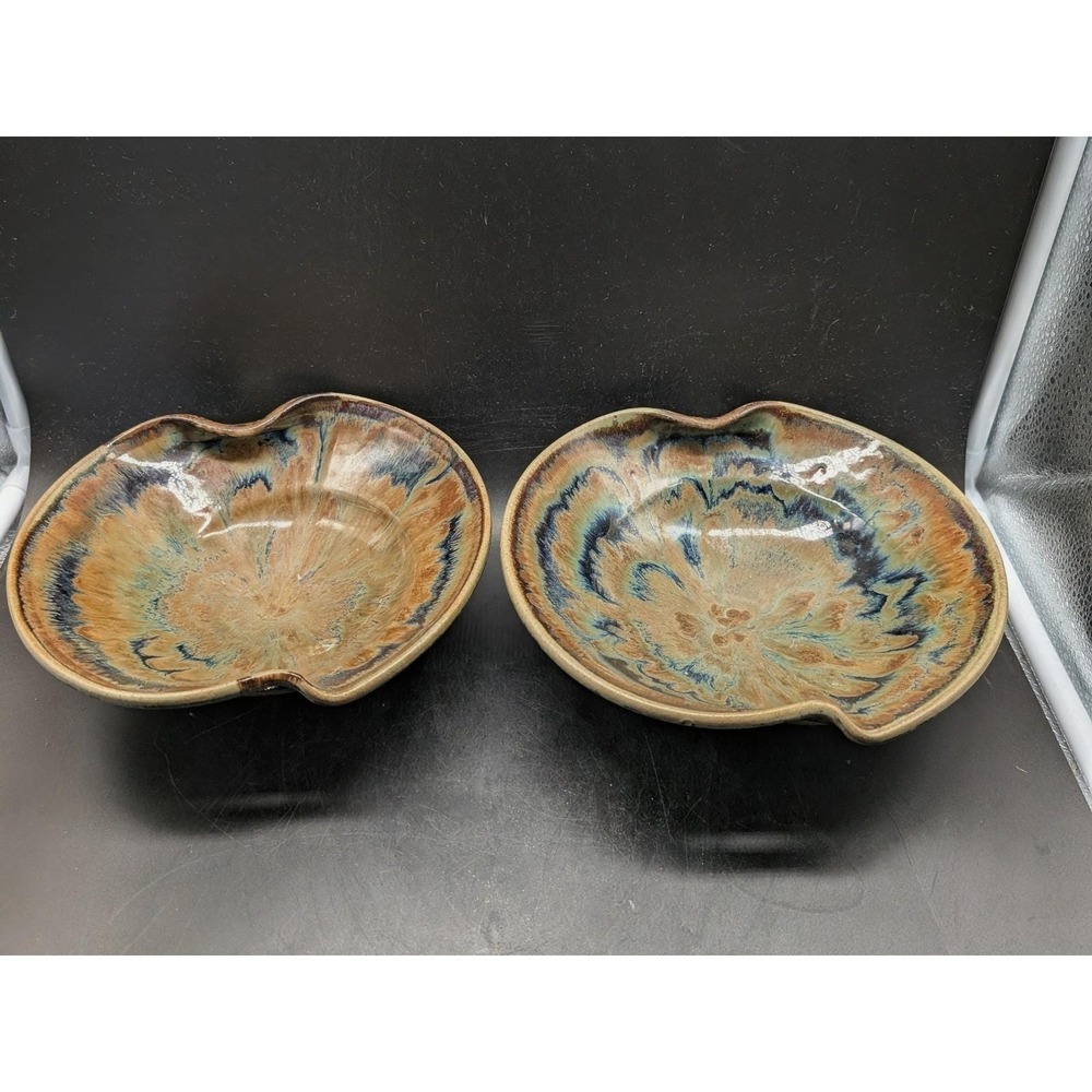 Studio Pottery Signed Chopstick Noodle Bowls Set of 2 Teal Tan Stoneware Art 9"‎